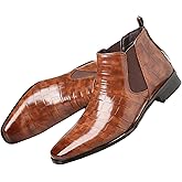 ENOEGMSD Fashion Chelsea Boots for Men's Leather Print Pointed Toe Slip-On Low Chunky Heel Retro Dress Business Chukka Ankle Oxford Boots for Formal Wedding Party Causal Work