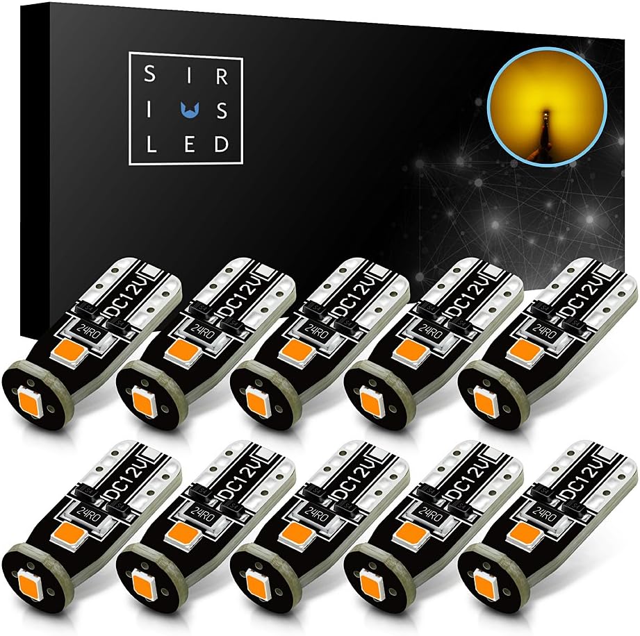 SiriusLED 3030 PX Chipset Super Bright Compact Wedge LED Bulbs for Interior Car Lights License Plate Dome Map Courtesy Side Marker T10 168 194 2825 W5W Amber Yellow Pack of 10