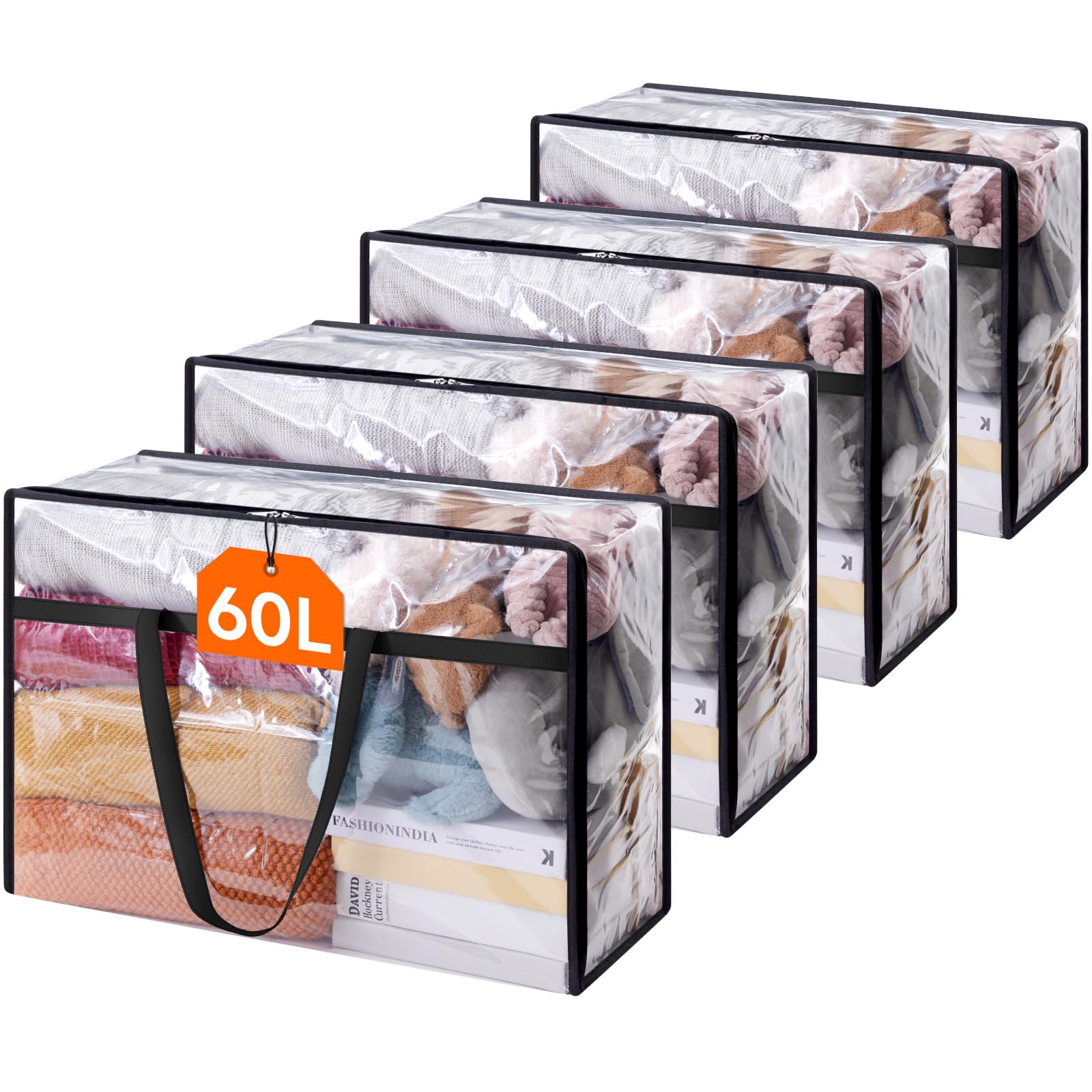 Photo 1 of Lifewit 4 Pack Clear Clothes Storage Bags, 60L Plastic Blanket Storage Bag, Vinyl Foldable Moving Bags with Zipper, Closet Organizers and Storage Containers for Bedding, Duvet, Comforter