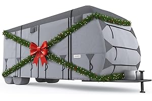 KING BIRD Oxford Fabric Travel Trailer RV Cover, 600D Oxford Camper Cover 30-33 ft Tearproof Waterproof Windproof Travel Trailer Cover with 2Pcs Extra Straps, 6 Gutter Covers & 4 Tire Covers