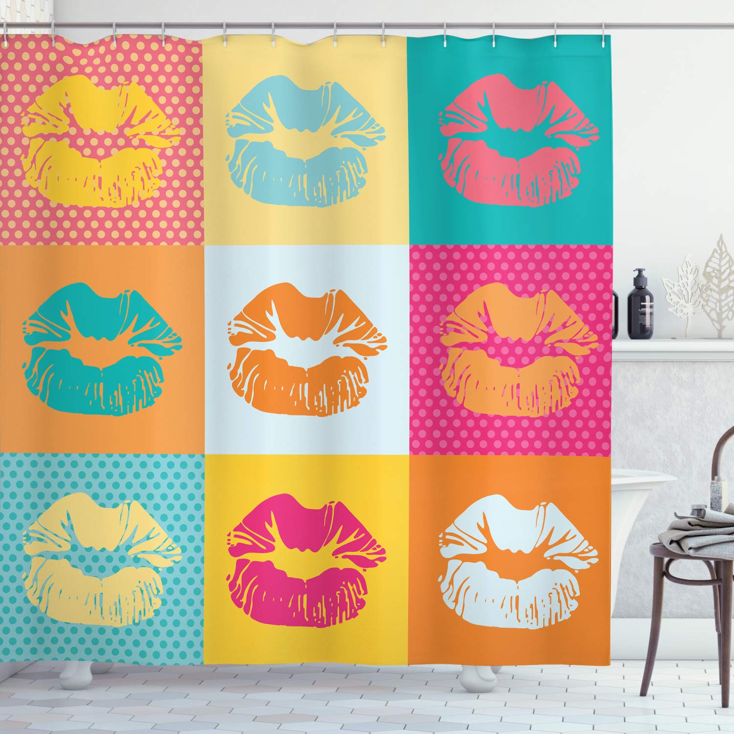 ABAKUHAUS Modern Shower Curtain, Woman Lips on Polka Dots Background in Various Frames Fashion Kiss Love Design, Cloth Fabric Bathroom Decor Set with Hooks, 78 Inches, Multicolor