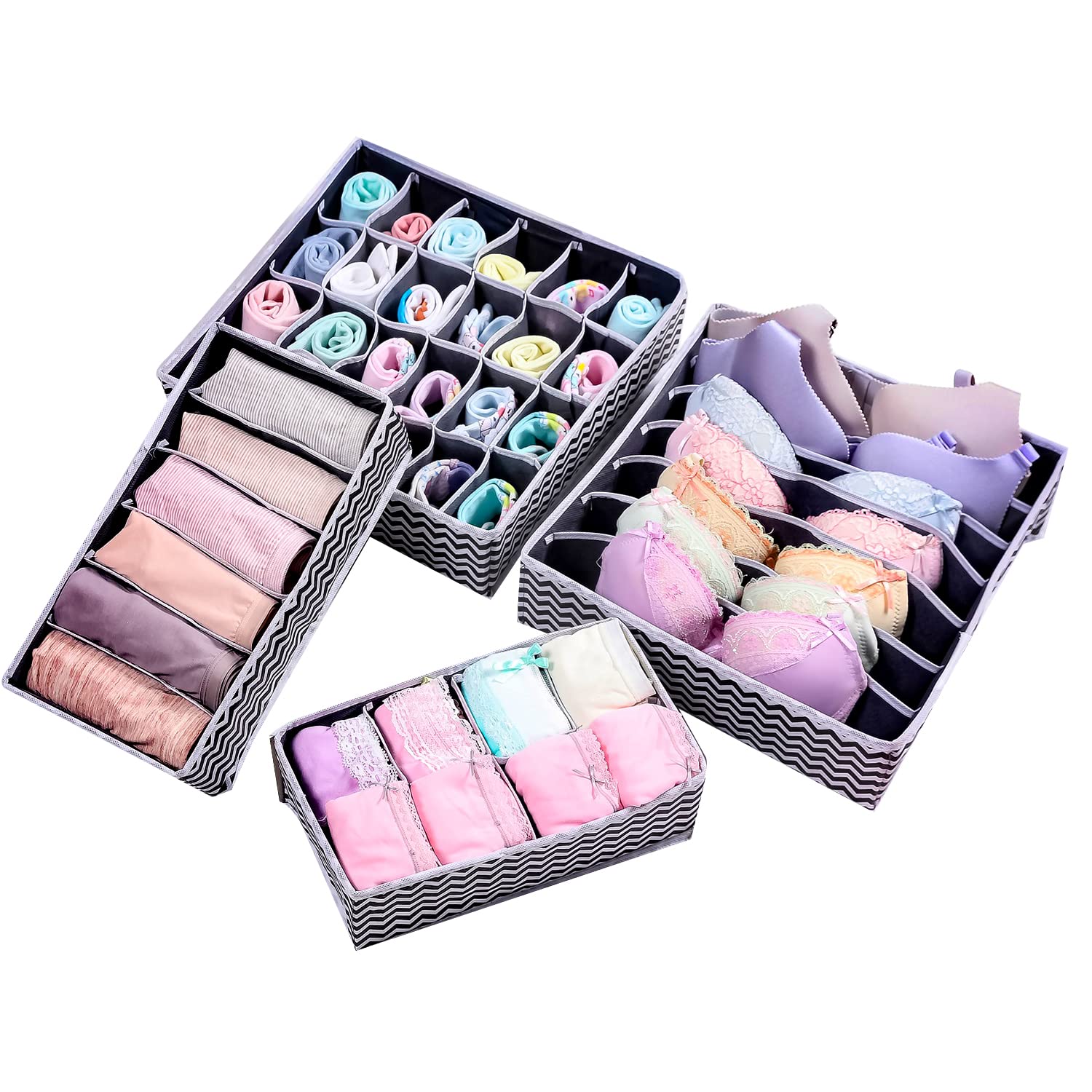 ETRAVEL Drawer Organisers, Wardrobe Dividers, Set of 4 Fabric Closet Organiser, Foldable Storage Boxes To Tidy Drawers, Office, Bra, Underwear, Socks Tie Bedroom, Collapsible Organizer (WAVE)