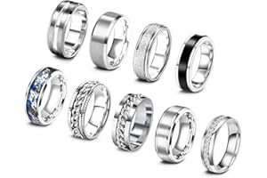 EIELO 9Pcs Stainless Steel Band Rings for Men Women Cool Fidget Spinning Chain Ring Anxiety Relief Fashion Simple Wedding Engagement Black Ring Set