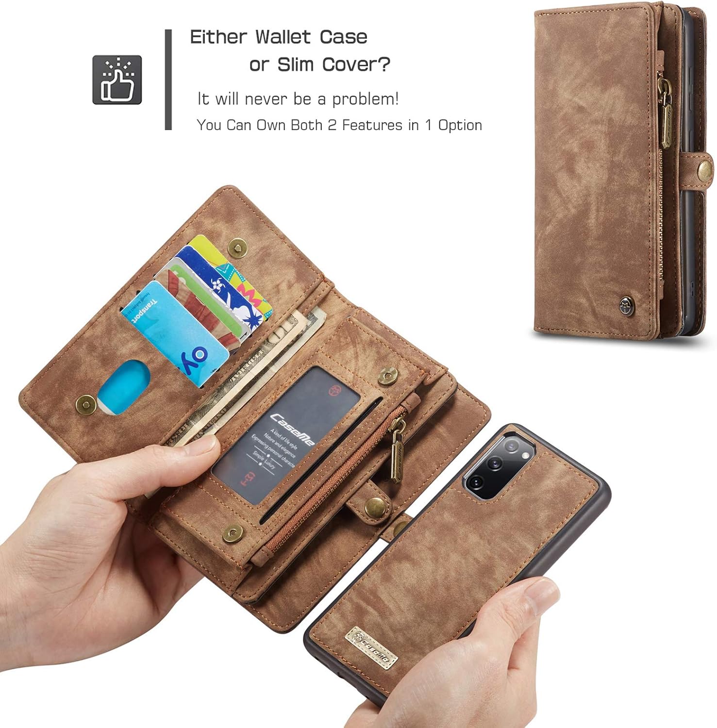 ANROD Detachable Leather Wallet Case for Samsung Galaxy S20 FE 5G,CaseMe Magnetic Closure 2-in-1 Flip TPU Shockproof Zipper Purse Back Cover with Card Slots (Coffee) - Image 5