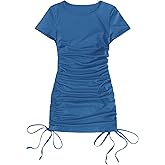 Milumia Women's Casual Rib Knit Short Sleeve Drawstring Ruched Bodycon Mini T Shirt Dress