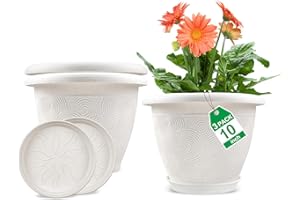 FODETYFF Plastic Flower Pots Planters for Indoor Plants, 3 Pack 10 Inch White Plant Pots with Drainage Hole & Tray, Modern Decorative Large Plant Pot with Saucer for Indoor Outdoor Plants Garden House Planter