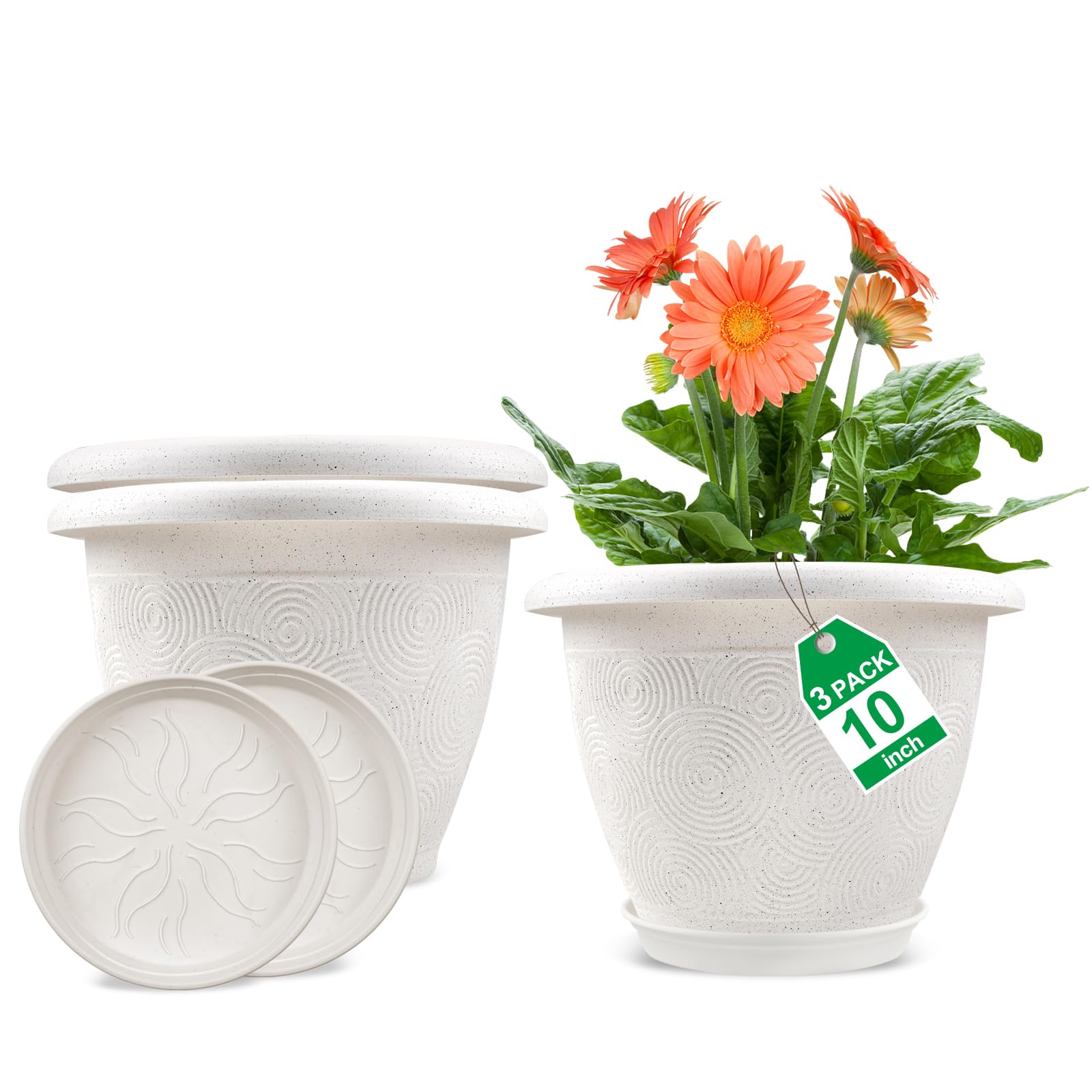 Photo 1 of Plastic Flower Pots Planters for Indoor Plants, 3 Pack 10 Inch White Plant Pots with Drainage Hole & Tray, Modern Decorative Large Plant Pot with Saucer for Indoor Outdoor Plants Garden House Planter