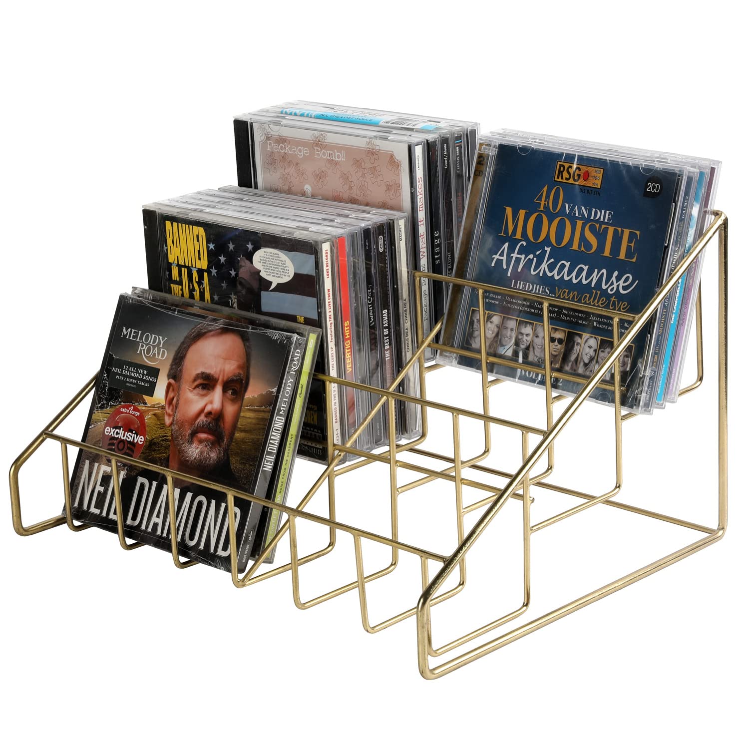 Photo 1 of MyGift Modern Brass Tone Metal Wire CD Holder Storage Rack, 3 Tier Compact Disc Organizer Display Stand