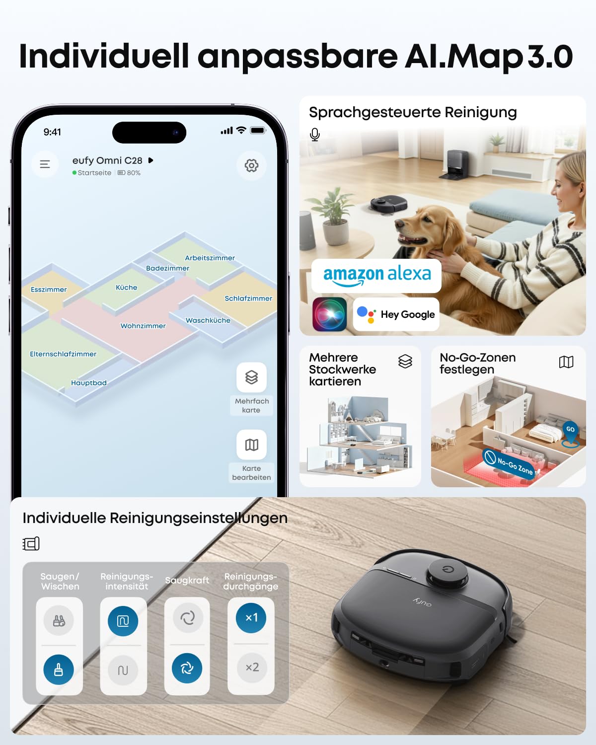 eufy Saugroboter mit Wischfunktion C28, HydroJet delbstreinigende Wischrolle, 15.000 Pa Turbo-Saugkraft, 5‑in‑1 Omni-Station, Anti-Verwicklung-Bürste, KI‑Hinderniserkennung 9