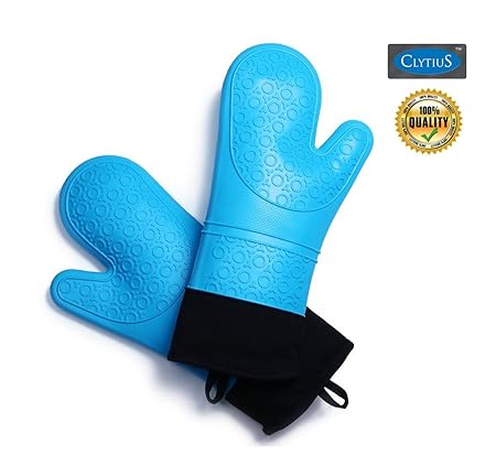 Clytius Blue 2pc/1Pair Extra Large Silicone Cooking Gloves - Deluxe Padded Cotton Liner for Extra Protection- Silicone and Cotton Double-layer Heat Resistant Oven Mitt - Perfect for Cooking, Grilling, Baking, BBQ, Kitchen(Pack of 2)