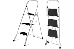 Daniks 3 Step Ladder with Handrail | Foldable Step Stool, Anti-Slip Pedals | Sturdy Lightweight Steel | 330lb Capacity | Silver