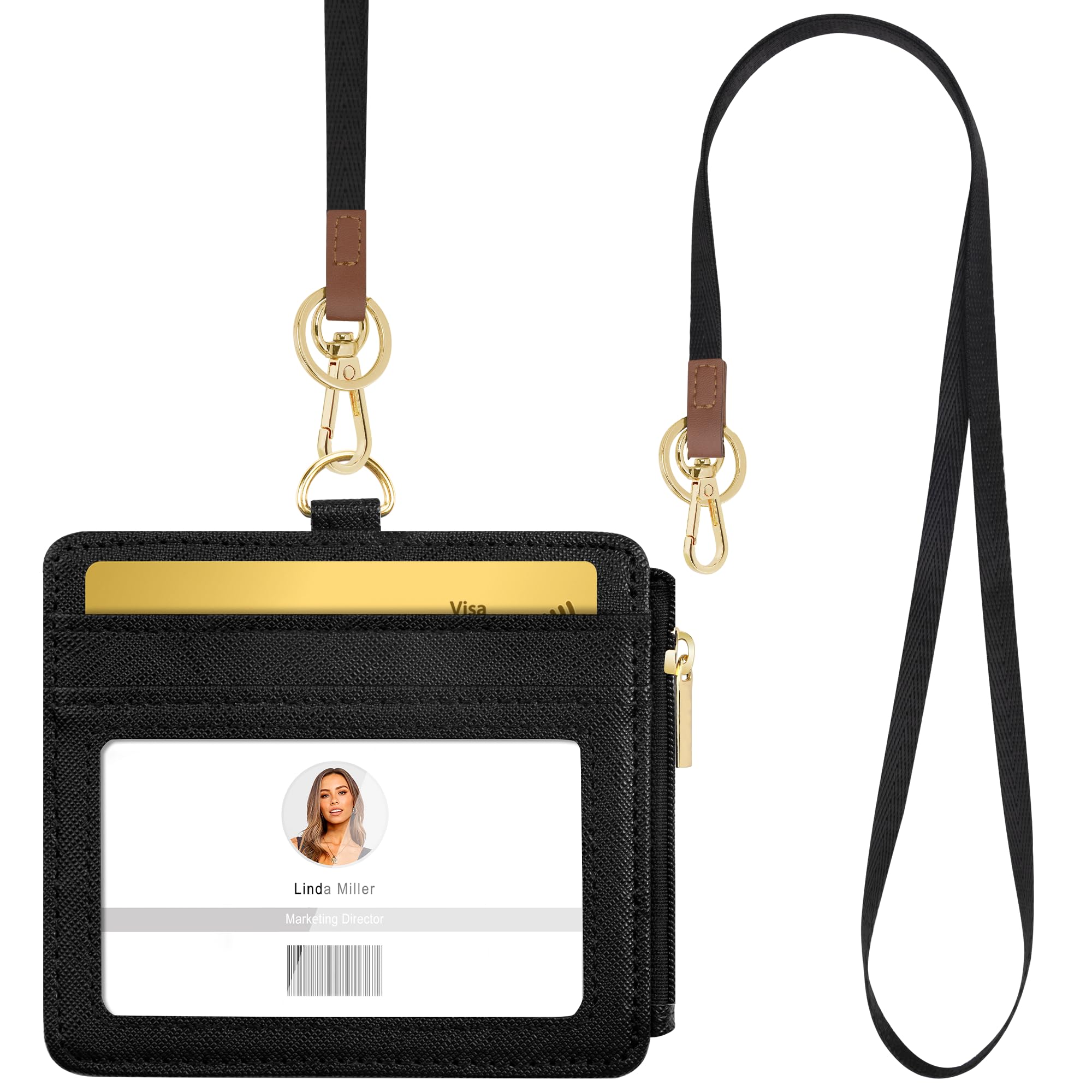 Azrra ID Badge Holder with Lanyard, Horizontal PU Leather ID Badge Card Holder, 4 Credit Card Slots, Detachable Neck Lanyard (Black)
