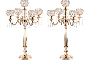 VINCIGANT 2Sets 5 Arm Gold Crystal Candelabra Centerpieces for Table,29.5 Inch Tall Metal Candlestick Holders for Home Wedding Anniversary Dinner Party Table Decoration
