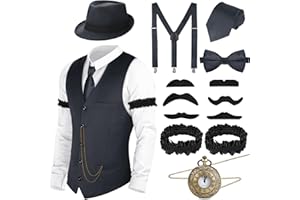 ZITURI 1920s Mens Costume - Roaring 20s Costumes for Men - Gangster Vest Hat Pocket Watch Suspenders