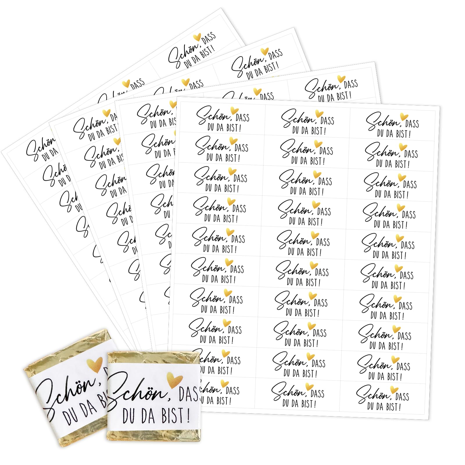 Rhsemi 120 x Wedding Favours Stickers 'Schön dass du da bist' I Heart I Gold Rectangular