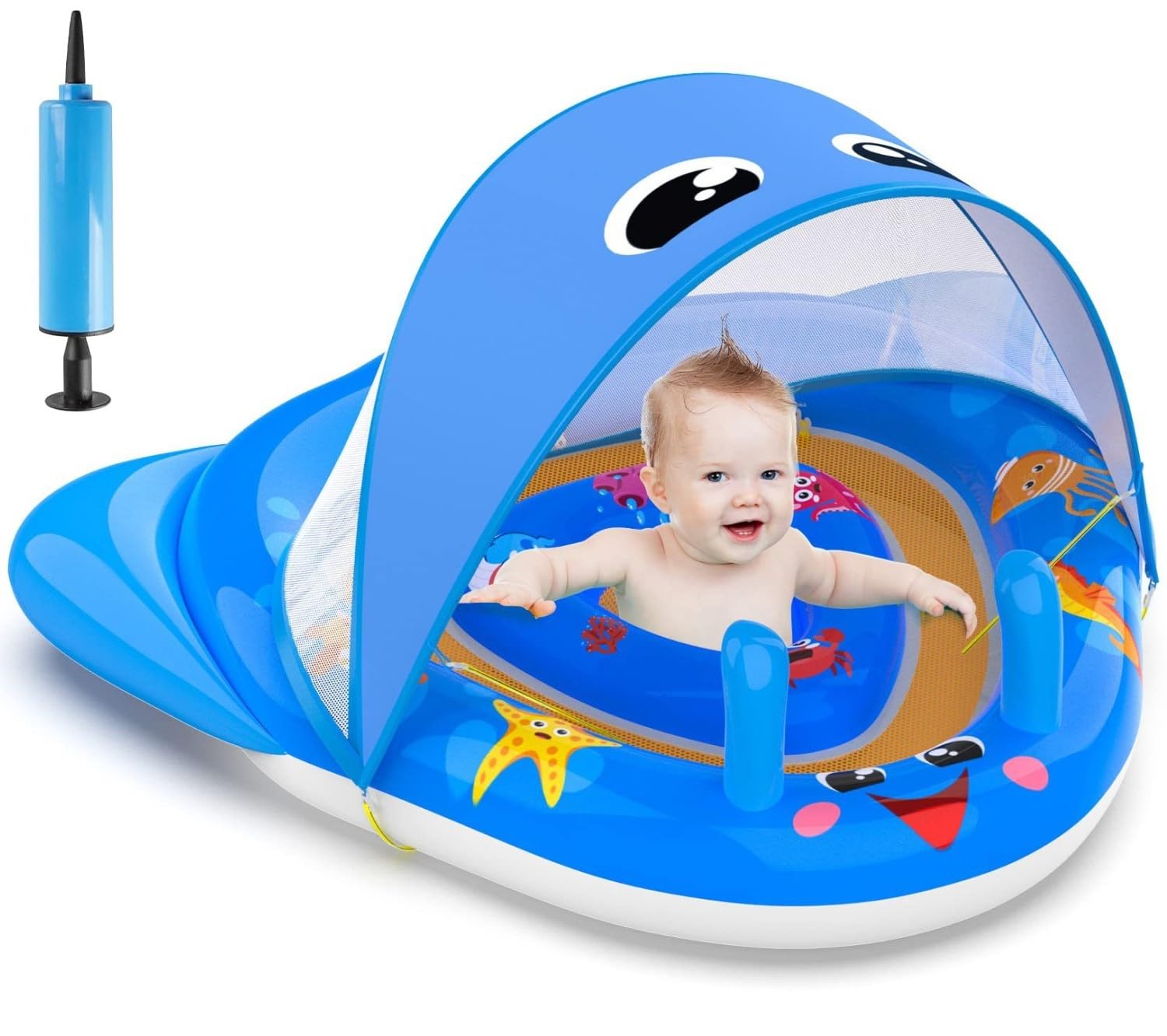 KAHEIGN Baby Pool Float with Canopy, 120CM x 105CM Inflatable Baby Swimming Ring UPF50+ Sun Protection Toddler Pool Float with Adjustable Safety Seat for Newborn Kids Toddlers Age of 3-36 Months