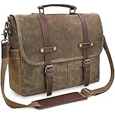 Mens Messenger Bag 15.6 Inch Waterproof Vintage Genuine Leather Waxed Canvas Briefcase Large Satchel Shoulder Bag Rugged Leather Computer Laptop Bag, Khaki