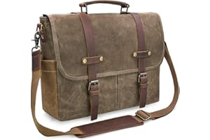 NEWHEY Mens Messenger Bag 15.6 Inch Waterproof Vintage Genuine Leather Waxed Canvas Briefcase Large Satchel Shoulder Bag Rugged Leather Computer Laptop Bag, Khaki