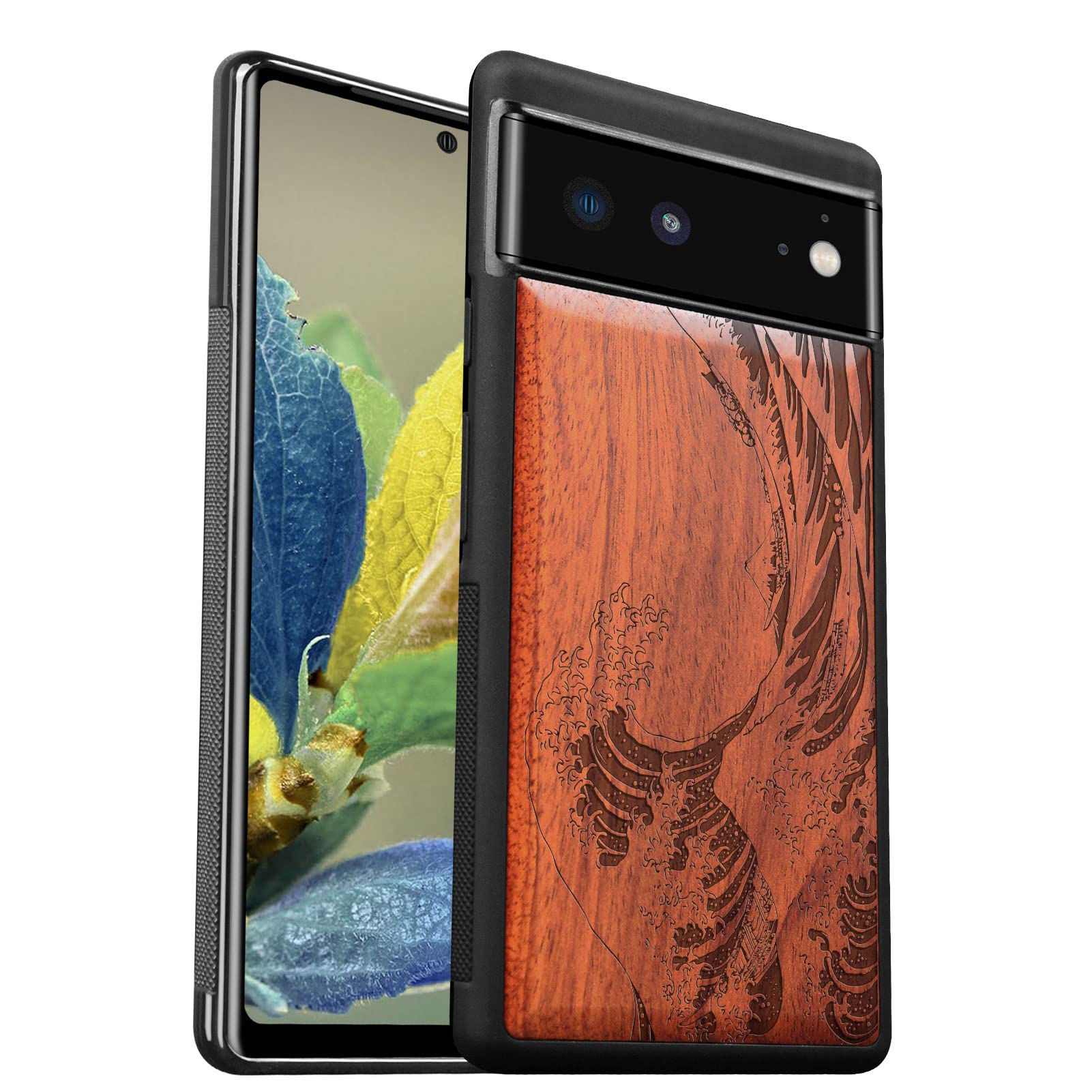 Carveit Luxury Case for Pixel 6 Phone Cover [Classic Art Collection laser engraving art pattern] Shockproof TPU Bumper Compatible with Google Pixel 6 Case (The Great Wave Off Kanagawa-Rosewood)