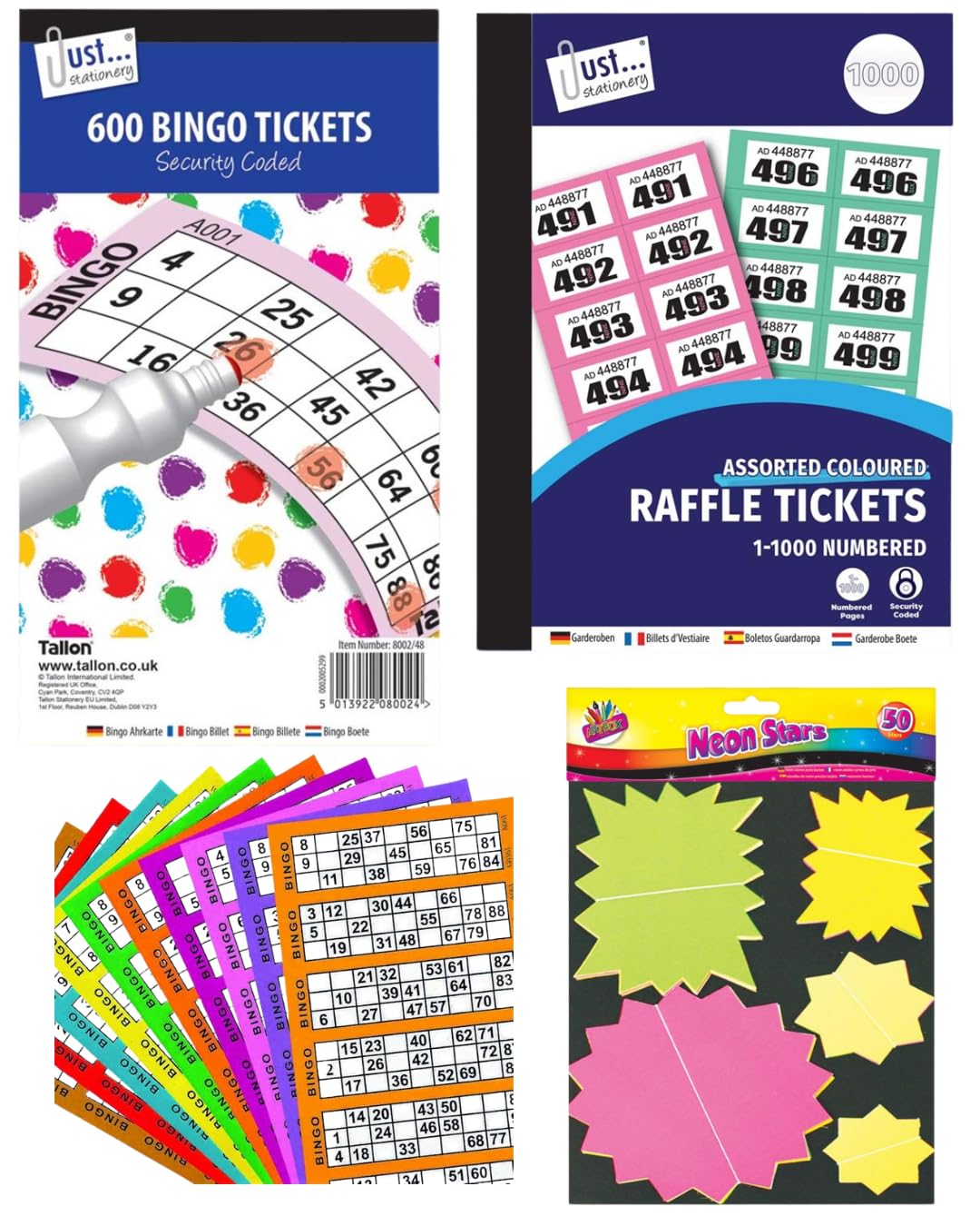 Mysterial Ultimate Fundraising & Game Night Bundle for Bingo, Tombola & Raffle Events 600 Jumbo Bingo Cards + 1000 Raffle Tickets & 50 Fluorescent Prize Tags