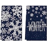 Artoid Mode Blue Snowflake Hello Winter Kitchen Towels Dish Towels, 18x26 Inch Farmhouse Holiday Decoration Cleaning Set of 2