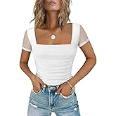 Chunpin Women's Bodysuits Square Neck Long Sleeve Bodysuits Mesh Ruched Thong Body Suit Outfits Going Out Tops