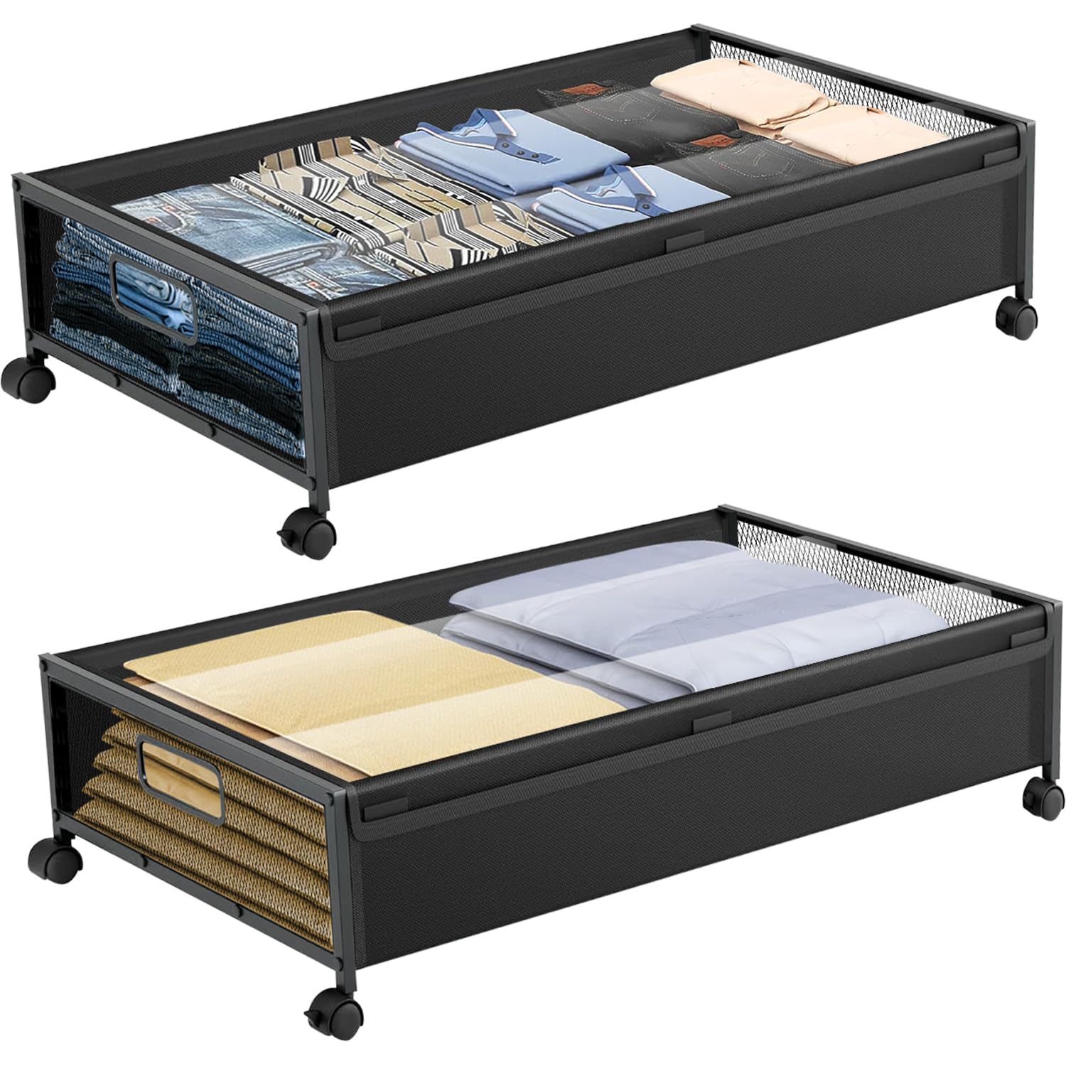 Duscdesp 2 Pack Under Bed Storage on Wheels,80cm Under Bed Storage Box with Lid and Wheels Metal Underbed Storage Boxes with Lids Large Clothes Storage Box for Clothes Shoes Toys Blankets