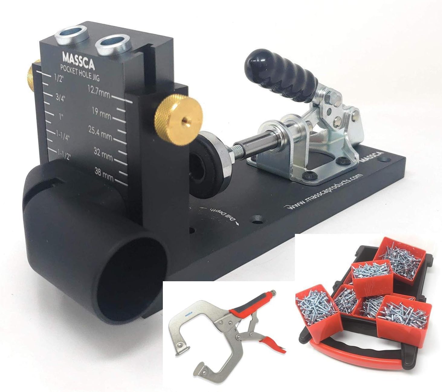 Massca Hole Jig System Bundle – Jig System, 1000 Screw Set & 11 Inch Clamp. Adjustable & Easy to Use Joinery Woodworking Tool For DIY Carpentry Projects