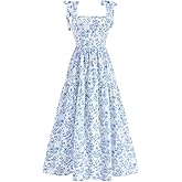 winkbay Women's Boho Floral Ruffle Maxi Dress Tie Shoulder Square Neck Flowy Sundress Beach Vacation Dresses