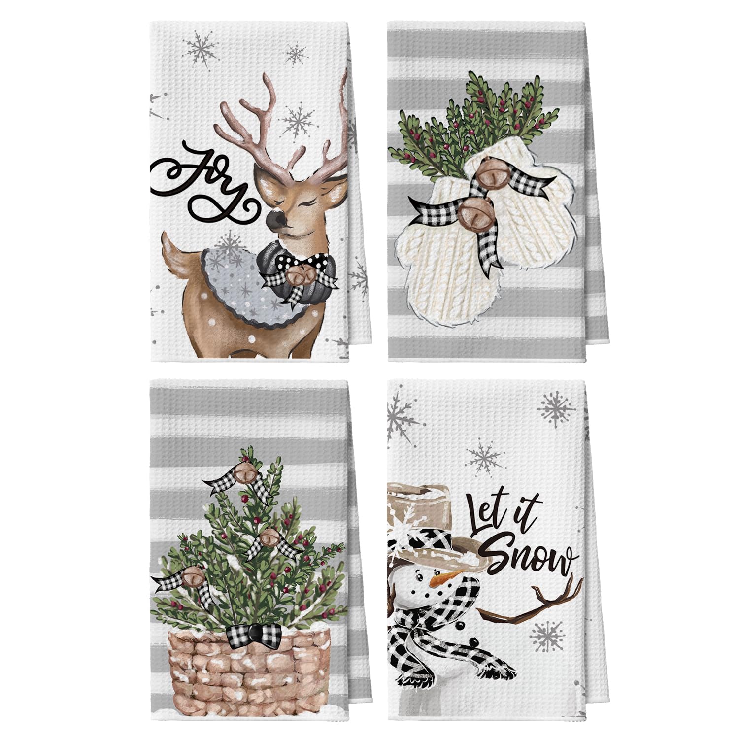 Artoid Mode Gloves Snowman Reindeer Christmas Kitchen Towels Dish Towels, 42x65 cm Snowflake Xmas Microfiber Cloth Kitchen Drying Decoration Set of 4