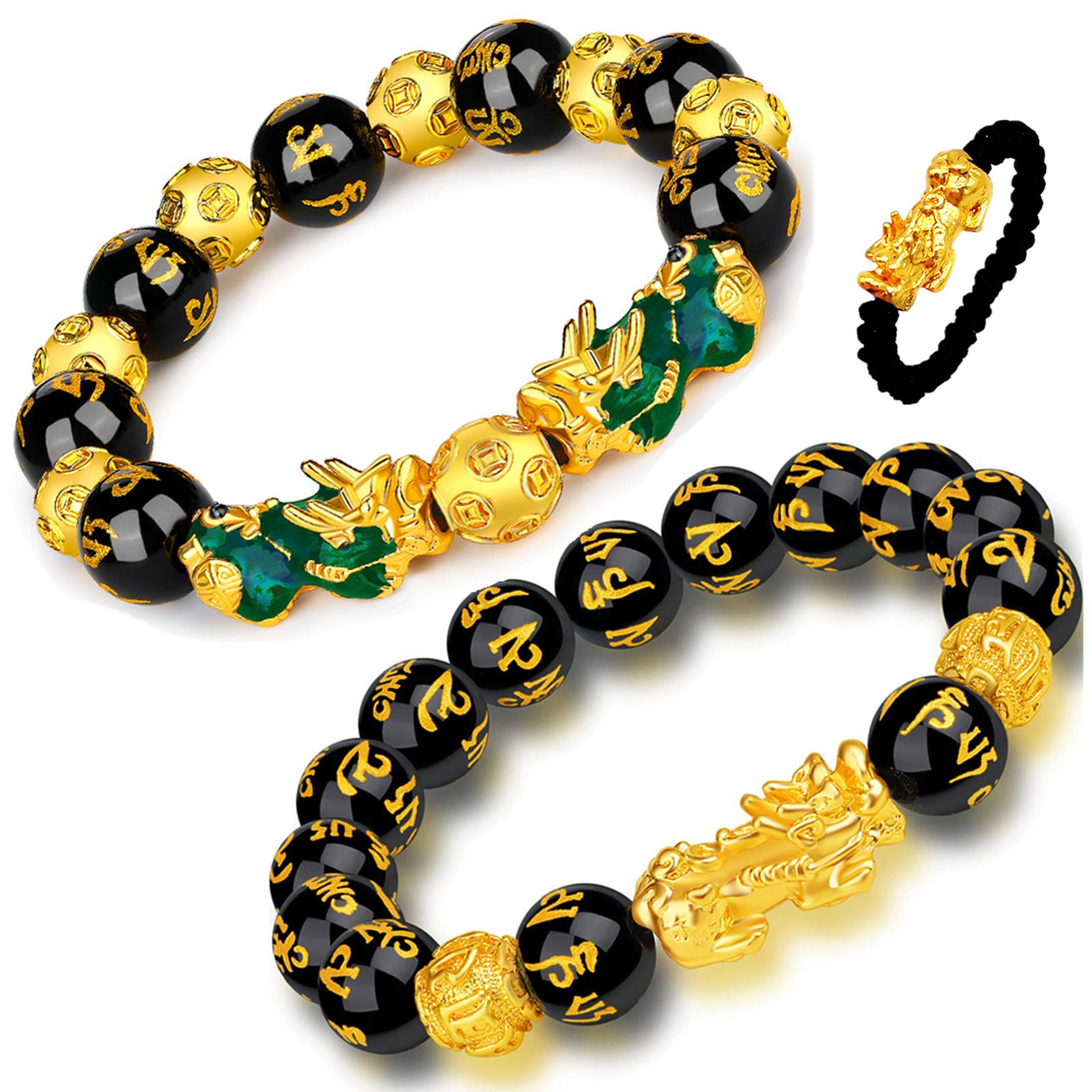 2 Pcs Feng Shui Black Obsidian Wealth Bracelet 12mm Mantra Bead Pi Xiu Bracelets for Women Men Attract Wealth and Good Luck