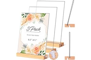 PPH-Sisy Acrylic Sign Holder 8.5x11, Clear Table Display Stand With Wooden Base, L Shape Slant Back Design Acrylic Frame Plas