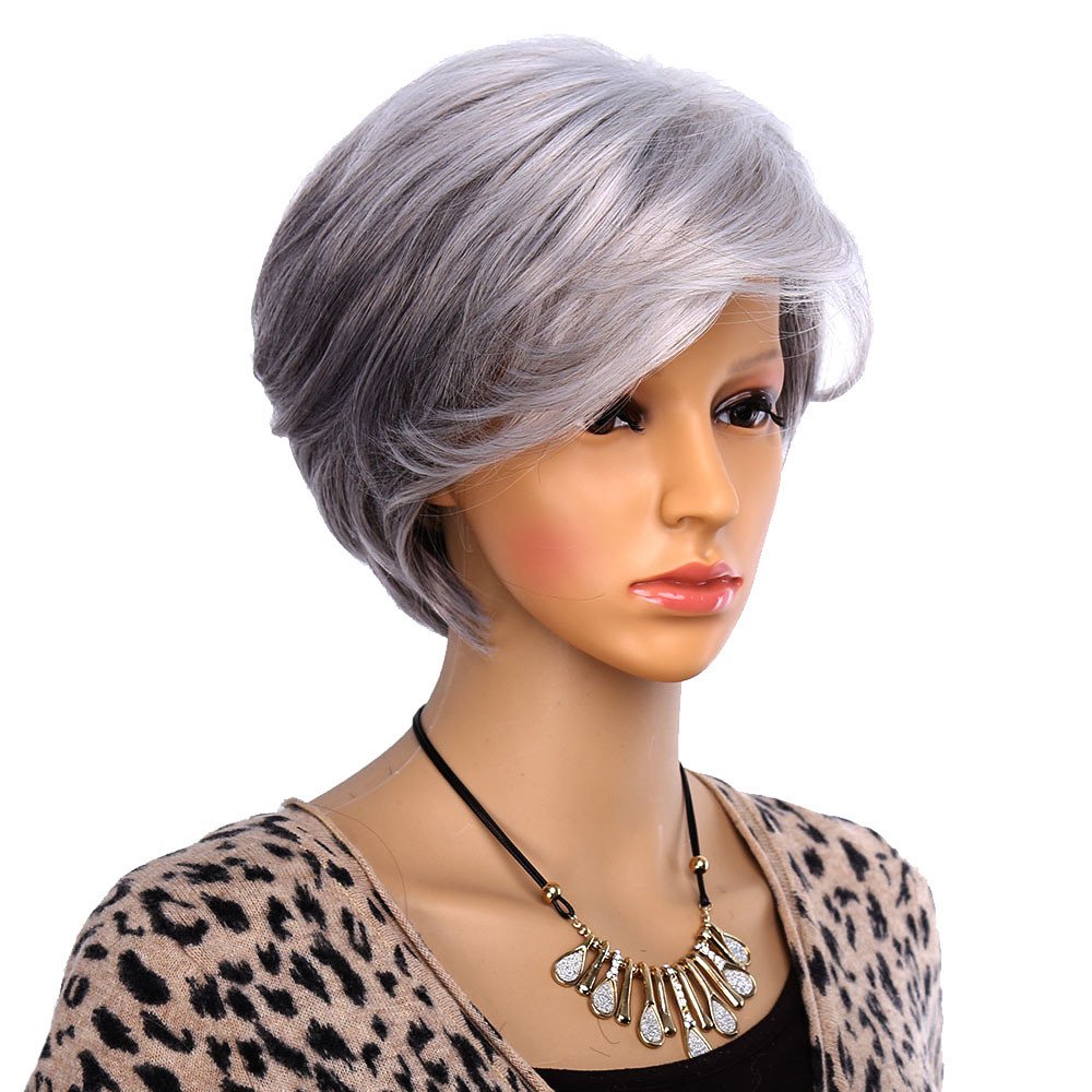 Angela Women Short Wigs For Old Women Synthetic Grey Hair Straight Style Olded Wig