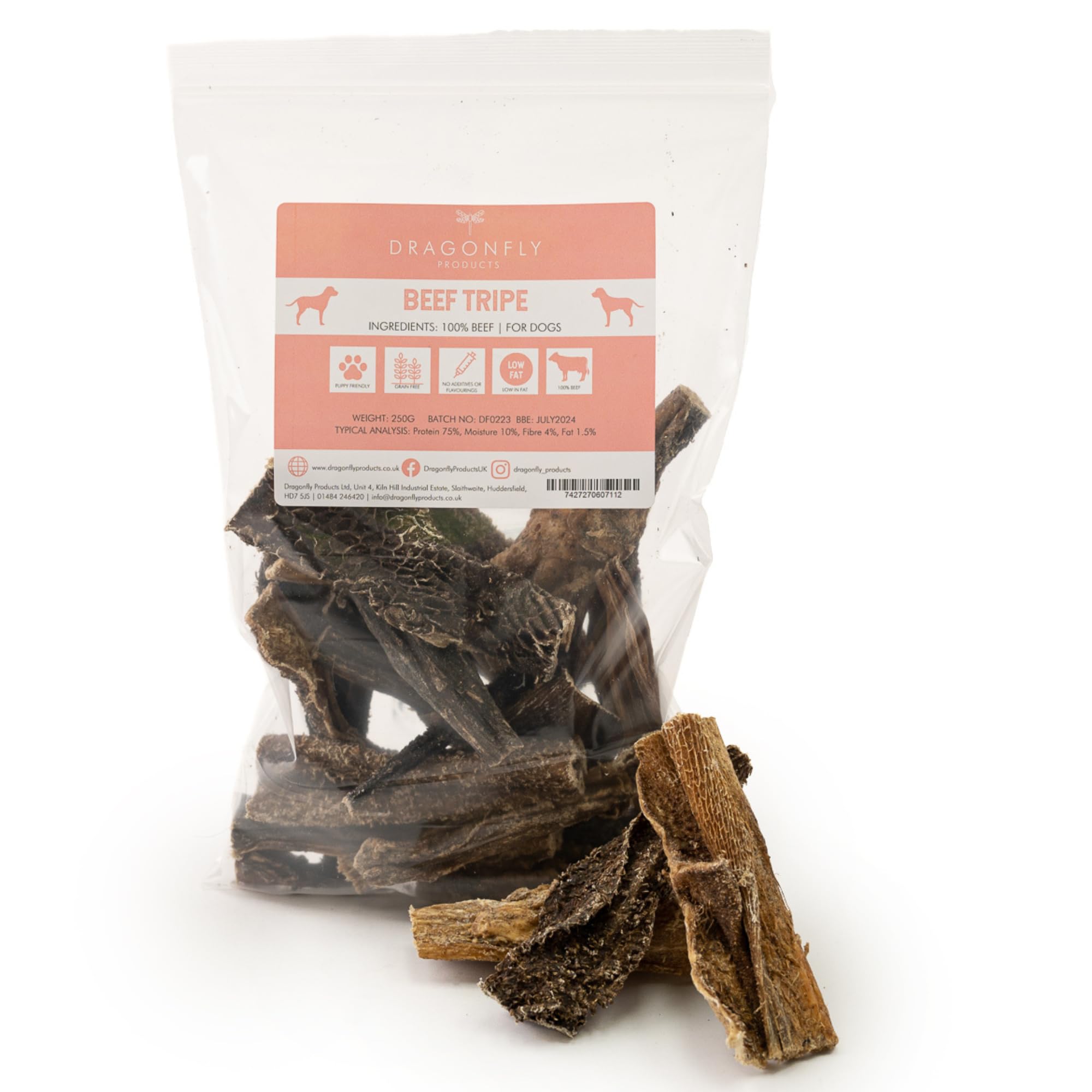 Dragonfly Products Dried Beef Tripe Sticks for Dogs | 500g | Natural, Low Fat, Grain Free Snack | Dental Chew | Healthy Dog and Puppy Treats