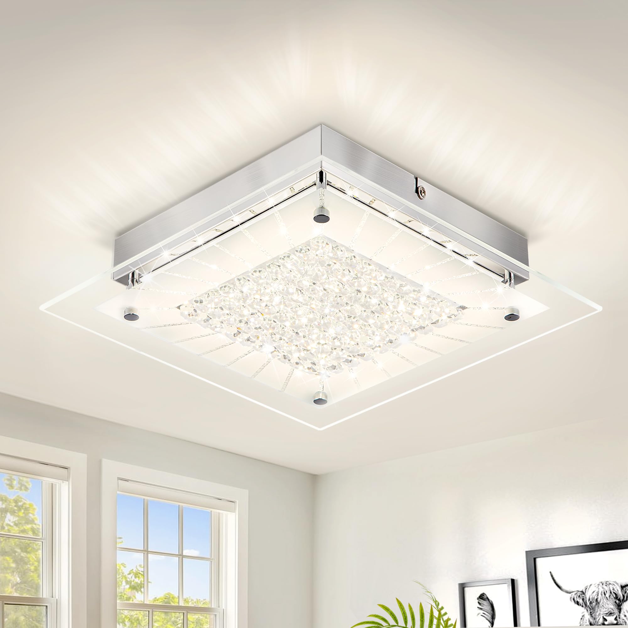 Photo 1 of Auffel Flush Mount Ceiling Light 11IN Hallway Light Fixtures Ceiling Square Crystal Ceiling Light Fixture Dimmable Light Fixtures for Kitchen, Bathroom, Bedroom, Hallway Ceiling Lights