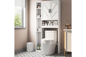 KNOWORLD Over The Toilet Storage Cabinet with 7 Storage Shelves, Above Toilet Bathroom Organizer with Toilet Paper Holder Stand, Behind Toilet Cabinet, Space Saver for Restroom, Bathroom, Laundry, White