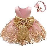 0-6T Big Bowknot Sequins Toddler Baby Girls Embroidered Lace Dresses with Headwear