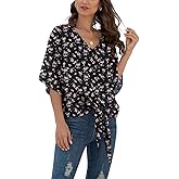 VIISHOW Womens Tie Front Chiffon Blouses V Neck Batwing Short Sleeve Summer Tops Shirts