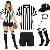 5PCS Women Referee Costume Kit, Stripe Umpire Jersey for Halloween Cosplay | 5-Piece Referee Outfit with Jersey, Shorts, Hat, Socks and Stainless Steel Whistle for Halloween and Sports Occasions