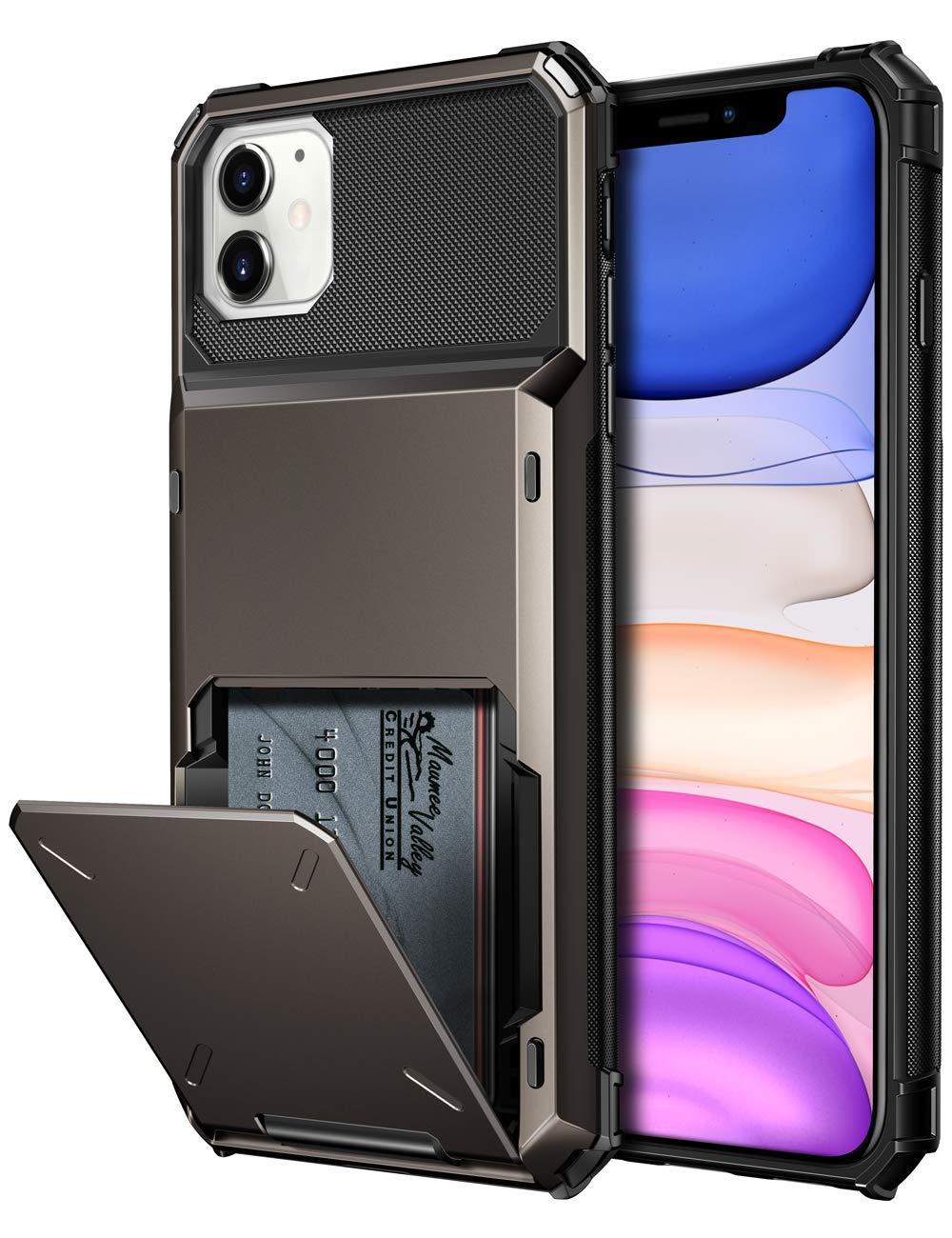 Coolden for iPhone 11 Case with Card Holder Armor Protective Wallet Cover Shockproof Heavy Duty Hard Back Card Slot Holder Phone Case Cover for iPhone 11 (Gun Metal)