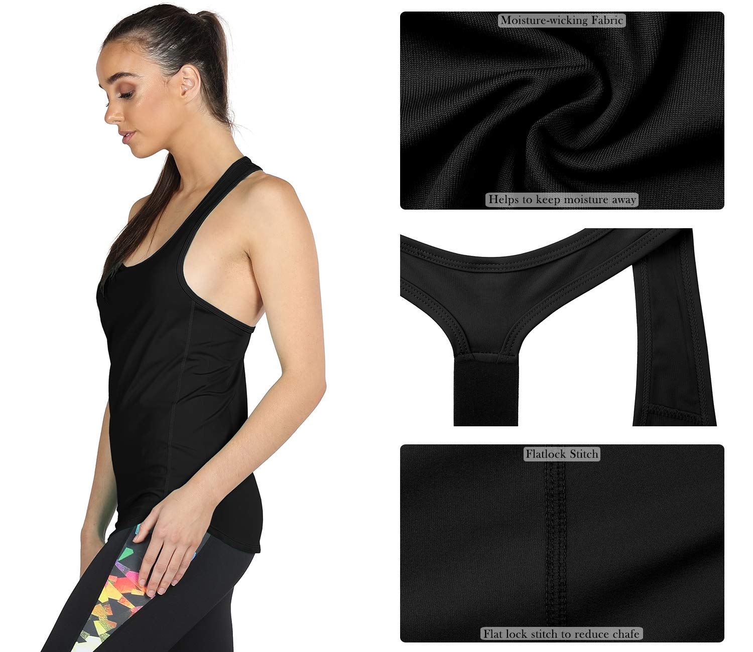 icyzone Workout Yoga Fitness Sports Racerback T-Back Tank Top for Women (M, Black)