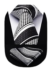 HISDERN Mens Tie Black White Stripe Tie and Pocket