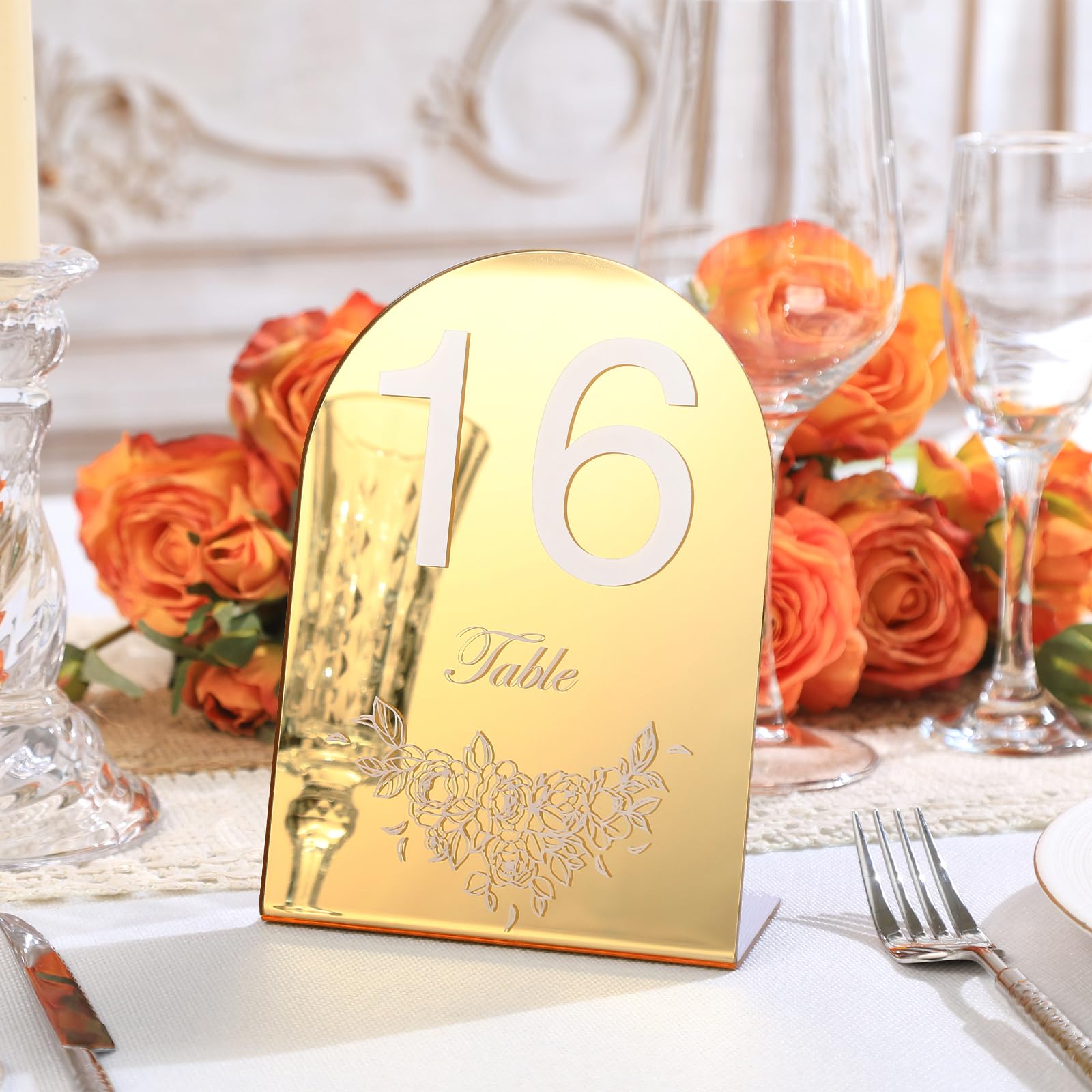 Photo 1 of **BASE BROKE OFF NUMBER 1**UNIQOOO Gold Mirror Wedding Table Numbers with Stands set, 5x7'' Acrylic Arch Signs with Holders and Printed Calligraphy, Seat Display Wedding Decor Perfect for Centerpiece, Reception NUMBERS 1-20