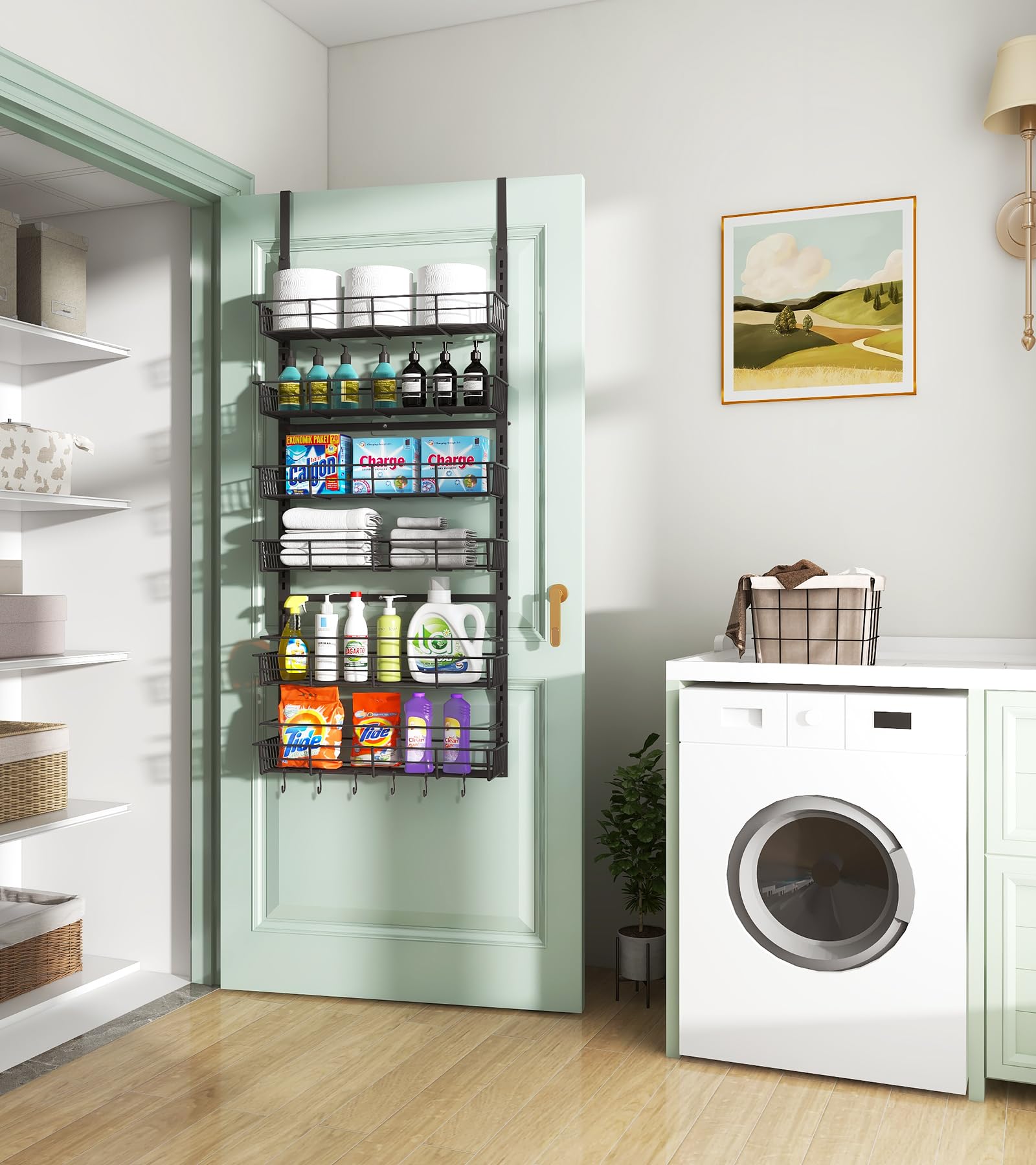 Over The Door Pantry Organizer, Pantry Storage and Organization, 6-Tier Adjustable Hanging Baskets, Metal Wall Mount Spice Rack Seasoning Shelves for Home & Kitchen, Laundry Bathroom - Black