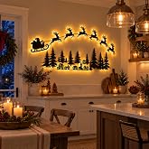 Lighted Santa Sleigh Reindeer Christmas Wall Decor with Remote | Flying Santa Sleigh, Light-Up Wooden Reindeer Christmas Decor, Forest Village Scene for Living Room, Bedroom