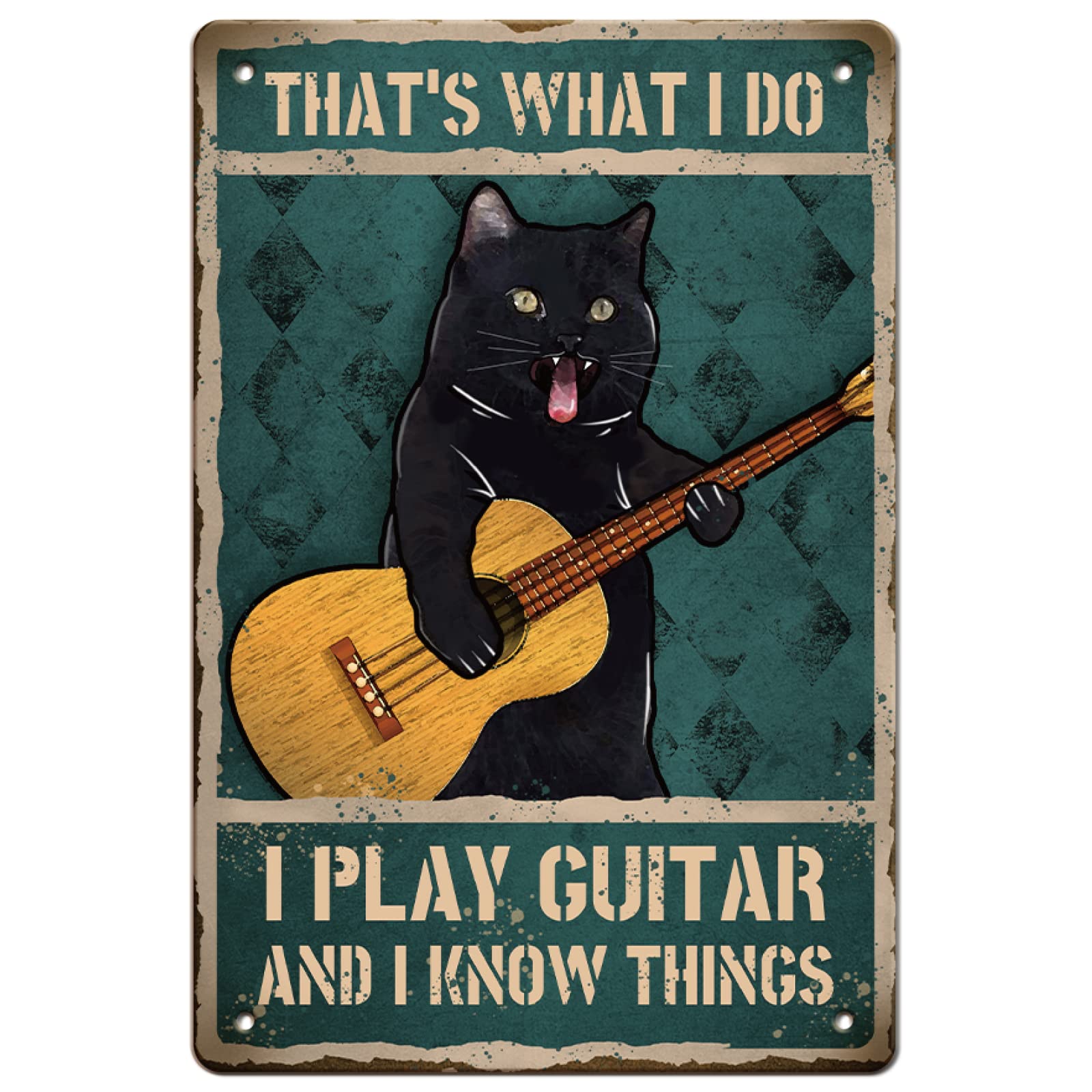 GLOBLELAND Cat Playing Guitar Vintage Metal Tin Sign Art Plaque Poster Retro Metal Wall Decorative Tin Signs 8×12inch for Home Kitchen Bar Coffee Shop Club Decoration