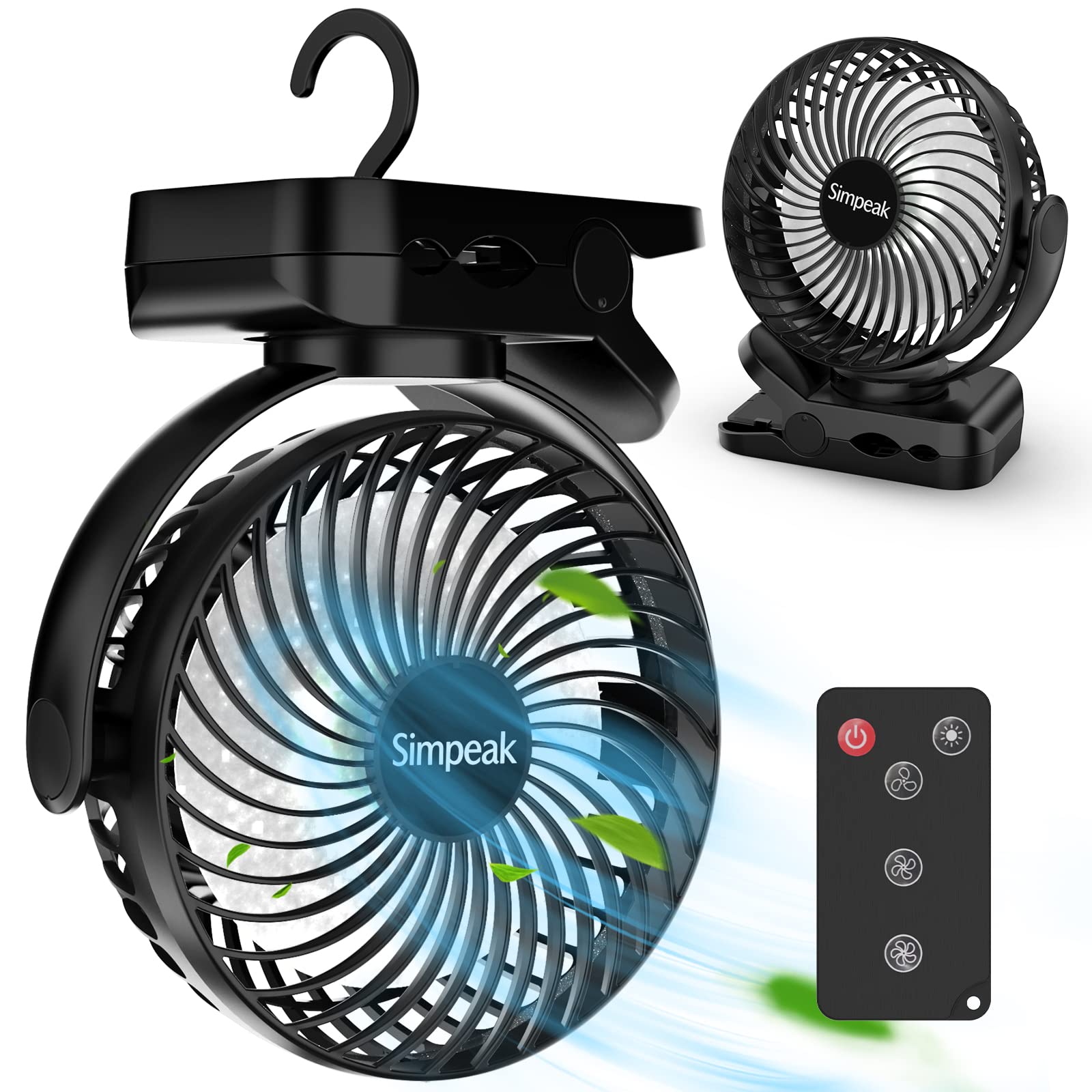Simpeak 10000mAh Desk Fan with Remote Control, 720° Adjustable LED Light & Wind Speed, USB Rechargeable Portable Fan - 66 Hours Operation - Black