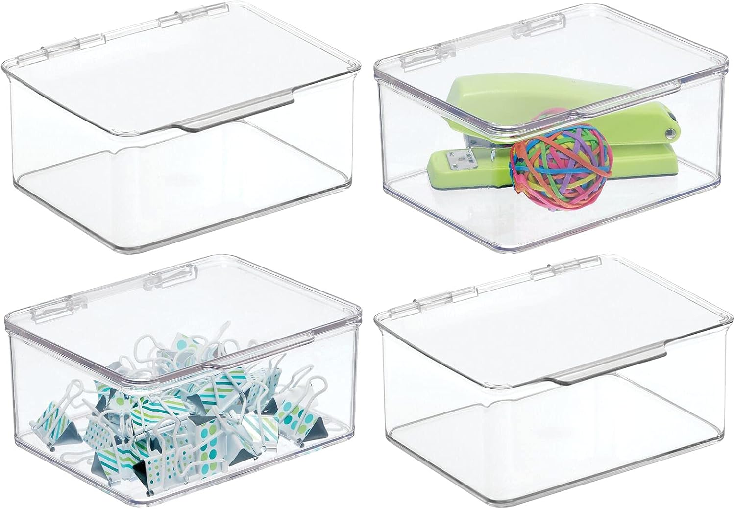 mDesign Small Mini Plastic Stackable Home, Office Supplies Storage Organizer Box with Attached Hinged Lid - Holder Bin for Note Pads, Gel Pens, Staples, Dry Erase Markers, Tape - 4 Pack - Clear : Office Products