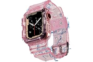 Blingbrione Clear Band with Case Compatible Apple Watch 38mm 40mm 41mm 42mm 44mm 45mm 46mm Women Men,Jelly Transparent Soprt Strap with Cover Protector for iWatch Series 10 9 8 7 6 5 4 3 2 1 SE Blue Pink White Fluorescent
