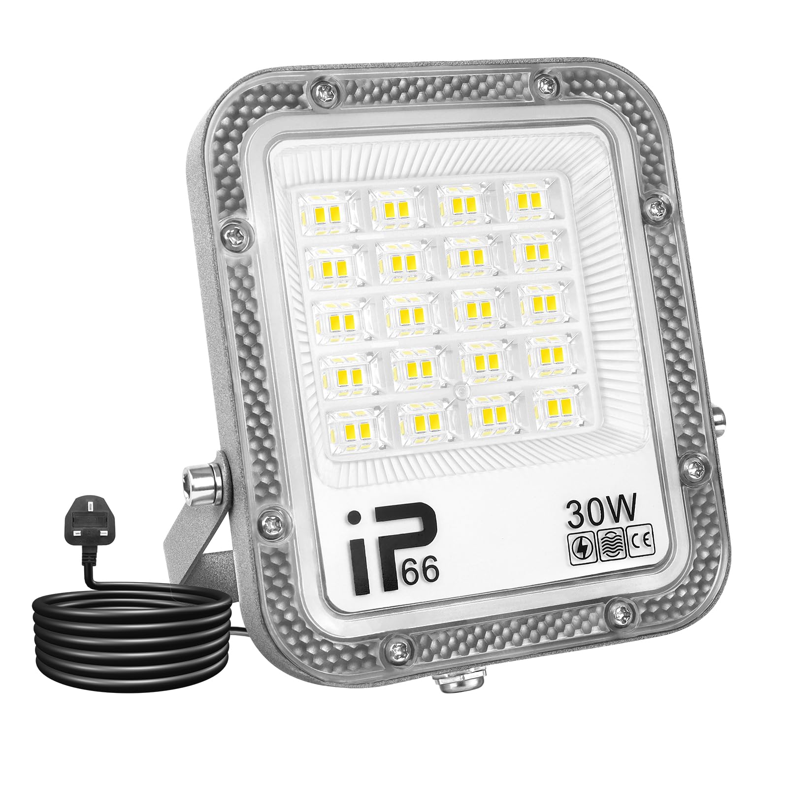 RIGIDON 1Pcs 30W LED Flood Light Outdoor with 1M Plug, 3000LM Super Bright Outdoor Lights 6000K Daylight White IP66 Waterproof Security Lights for Garden, Garage, Yard, Sports Ground, Patio, Porch